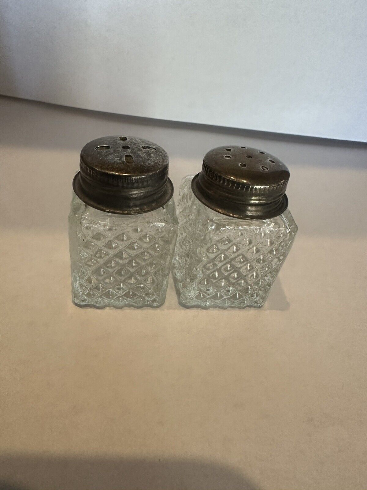 ANTIQUE MINIATURE SILVER PLATED GLASS SALT AND PEPPER SHAKERS
