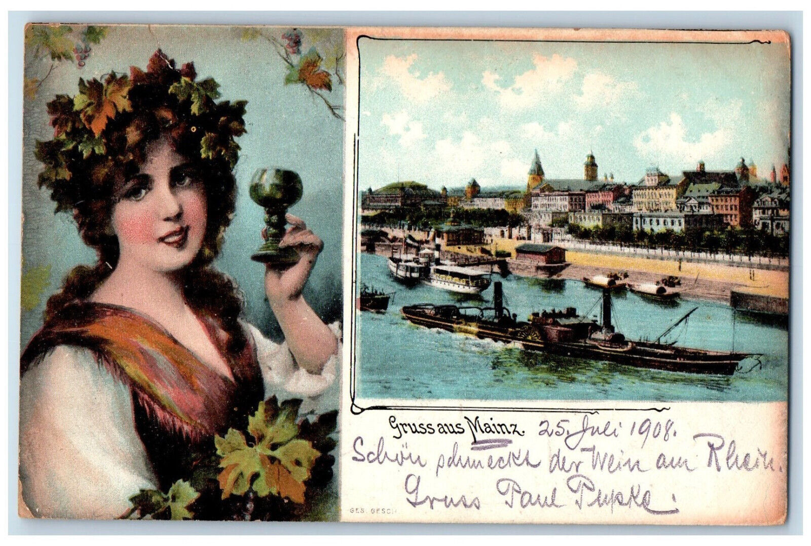 1908 Woman Holding Wine Glass Gruss Aus Mainz Germany Antique Postcard
