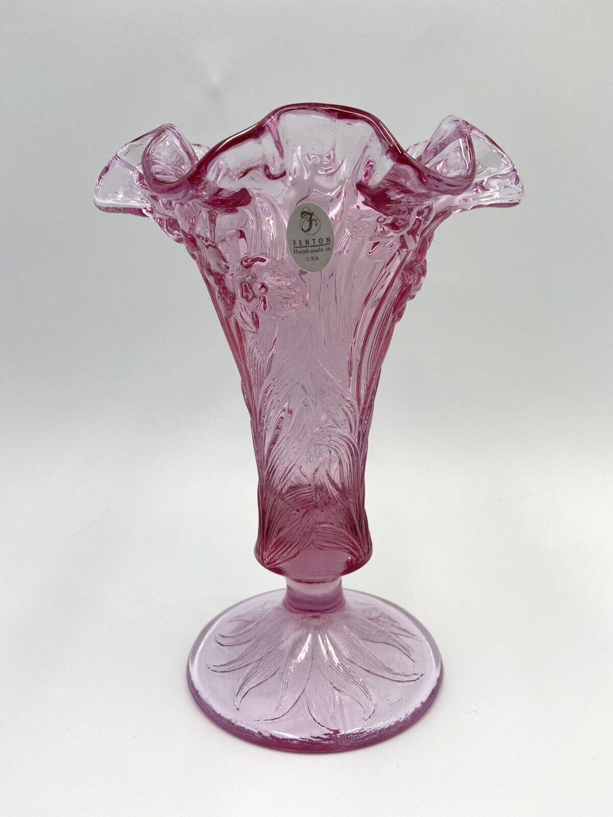 Vintage Fenton Bright Rose Pink Daffodil Glass  Ruffled Daffodil Footed Vase