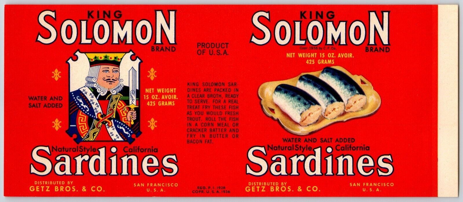 King Solomon Sardines Paper Can Label Playing Card King Art c1936-40\'s VGC