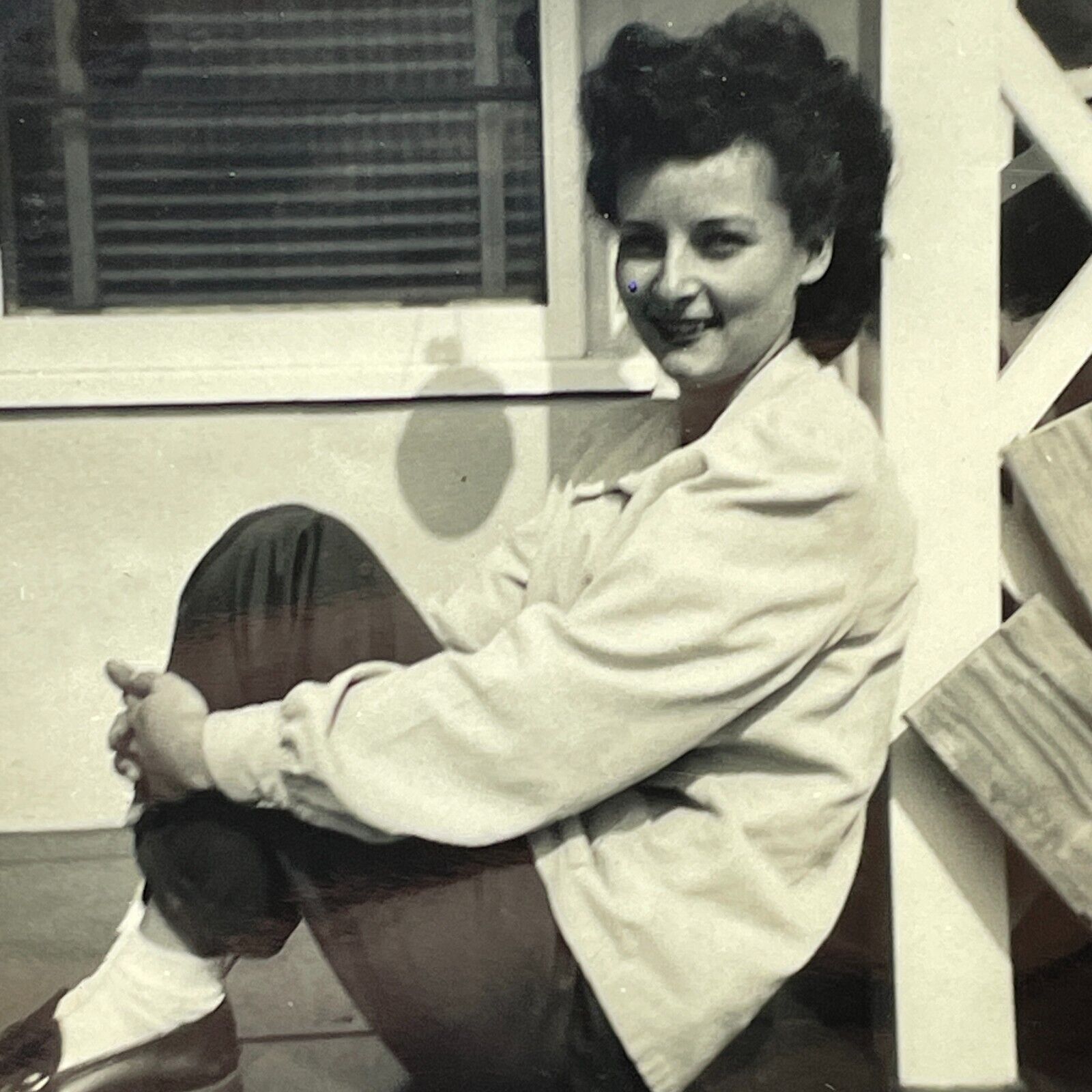 YJ Photograph Close Up POV Pretty Woman Lovely Lady Porch Smile 1950's