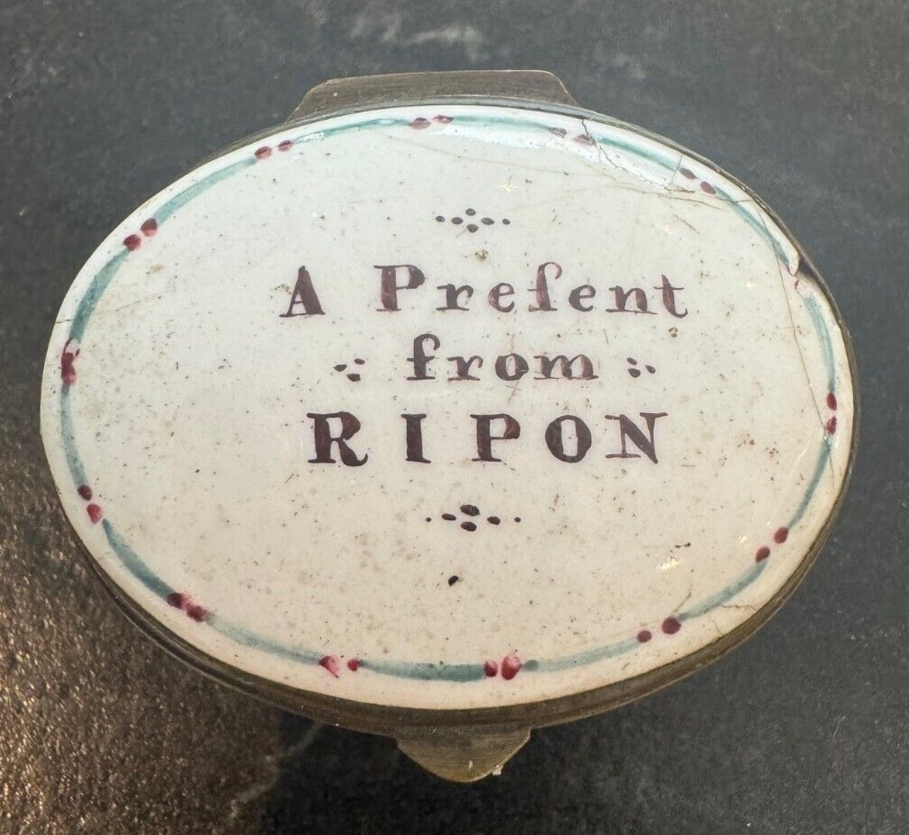 Antique Staffordshire Enamel Patch Box 18th century A Present From Ripon