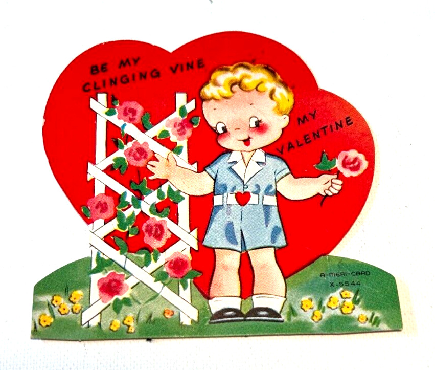 VINTAGE VALENTINE Boy & Flowers c1940\'s