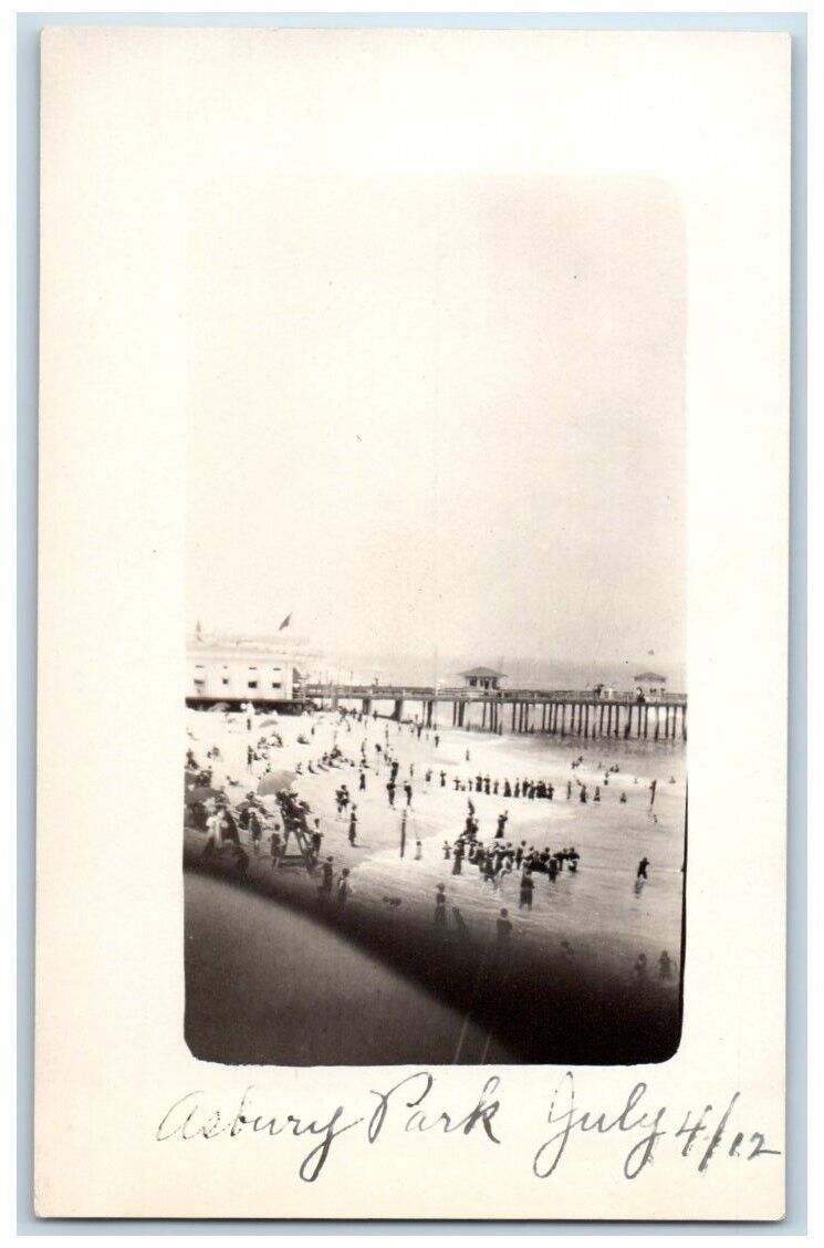 1912 Beach Swimming Ocean Scene Asbury Park New Jersey NJ RPPC Photo Postcard