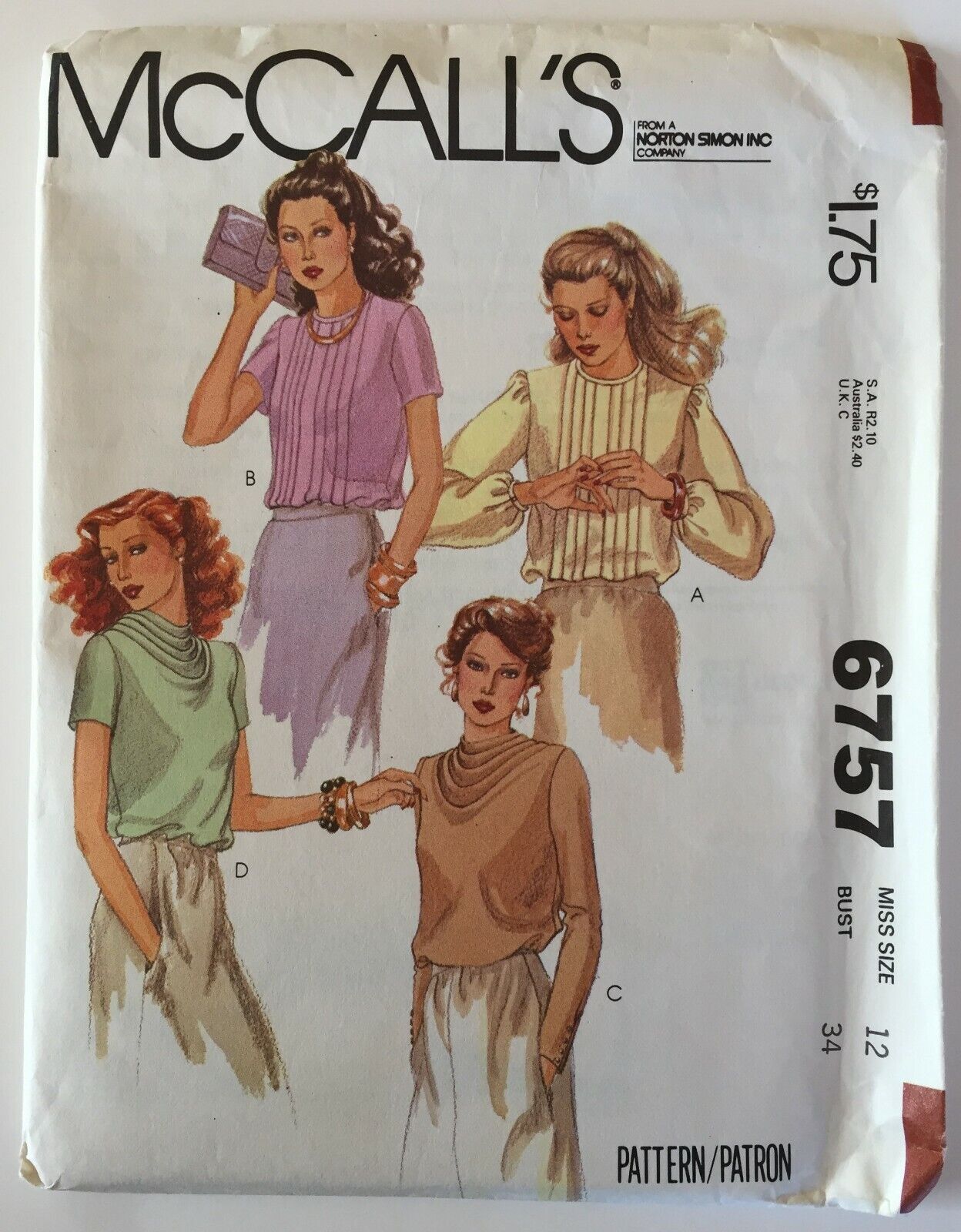 McCall 6757 Sz. 12 Misses Suit Blouses Cowl Neck Retro Uncut OOP Vtg. 1979