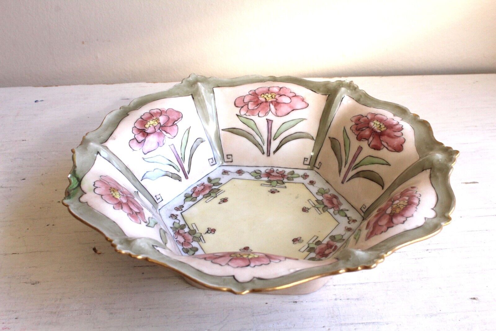 Czech Green Pink Art Nouveau Low Hexagonal Bowl Edwardian Floral Gilt : Chipped