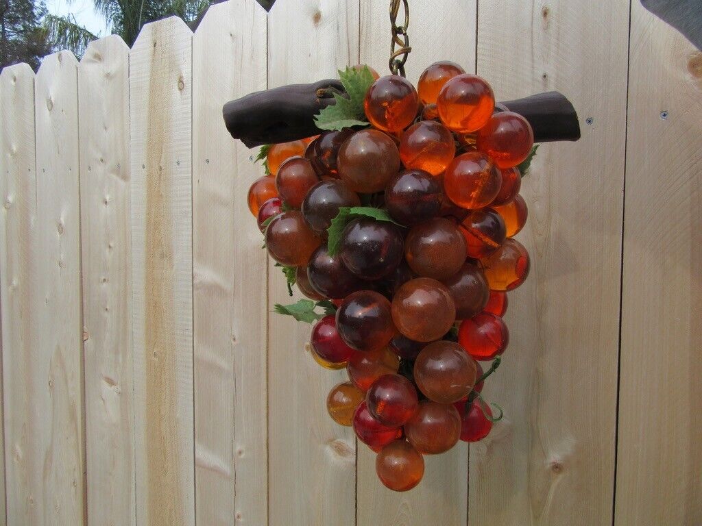 Vintage 60's Hanging Orange Brown Lucite Grape Lamp MCM