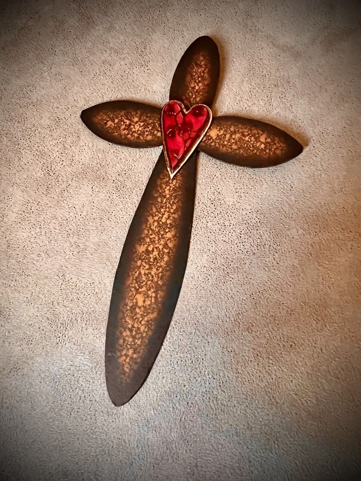 Beautiful Rustic Metal Cross with Red Stone