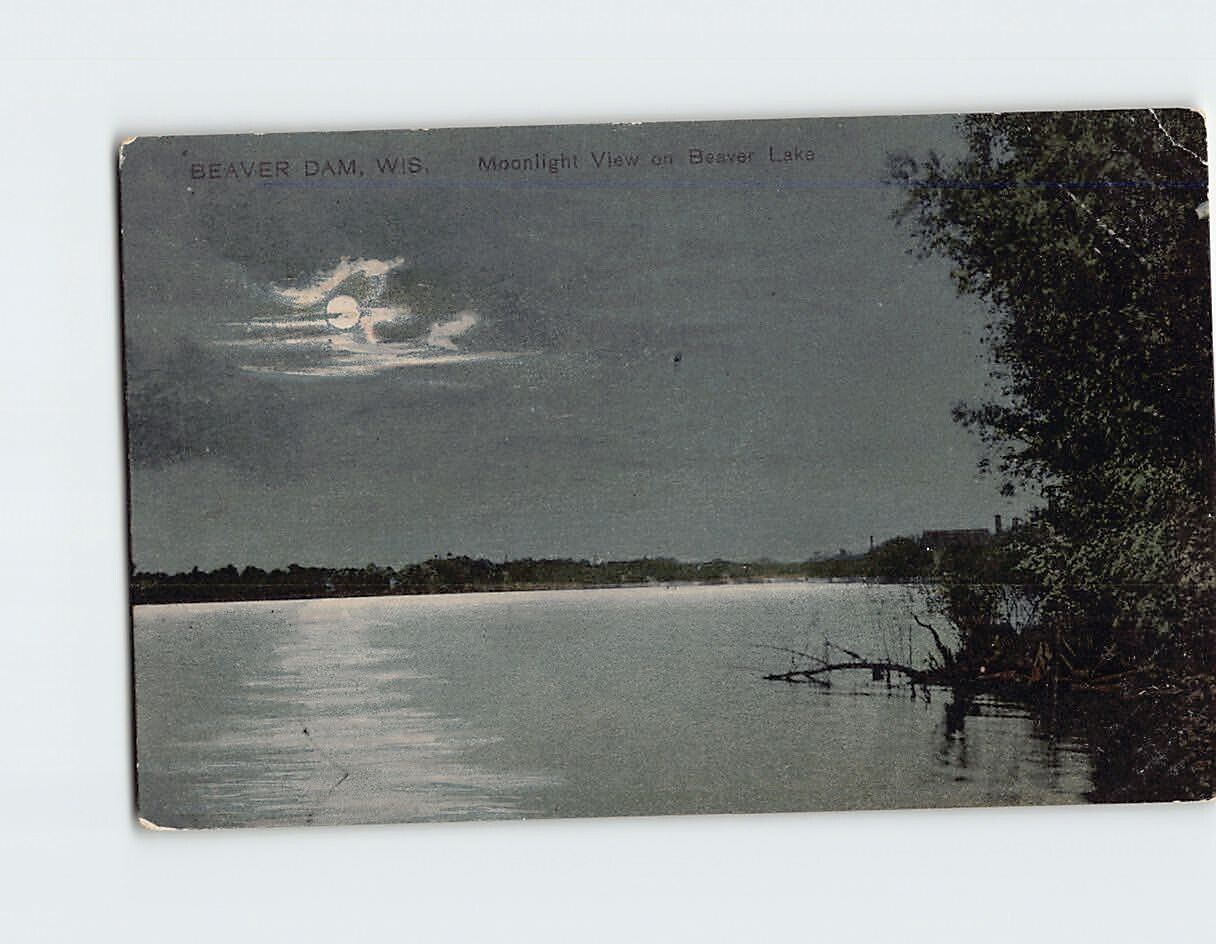 Postcard Moonlight View on Beaver Lake Beaver Dam Wisconsin USA