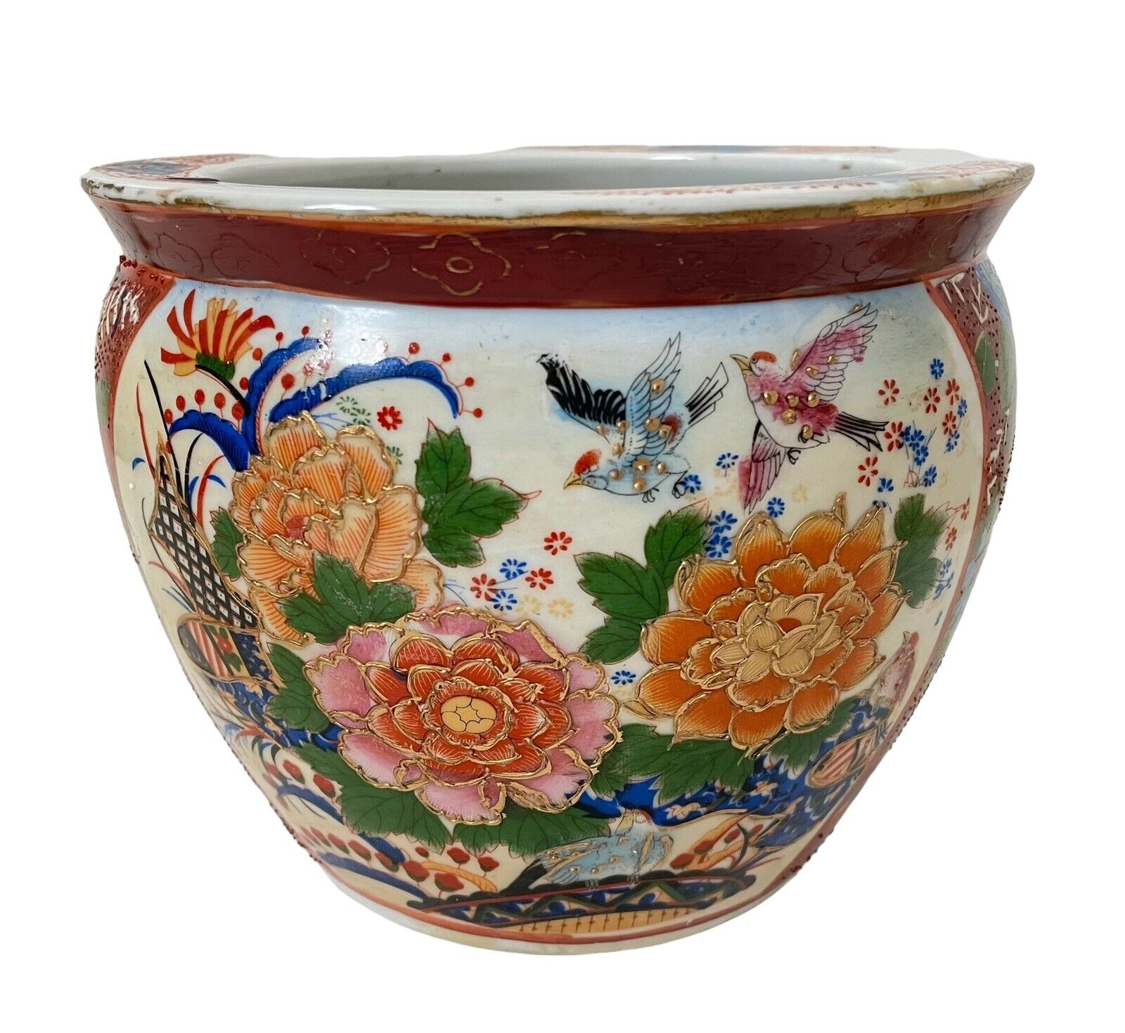 Vintage Satsuma Asian Planter Porcelain Floral Bird Motif