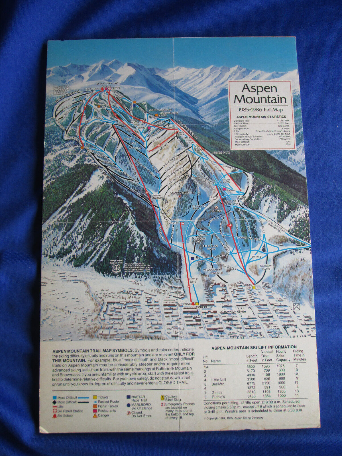 Vintage 1985-1986 Trail Map ASPEN MOUNTAIN Colorado 8 1/2\