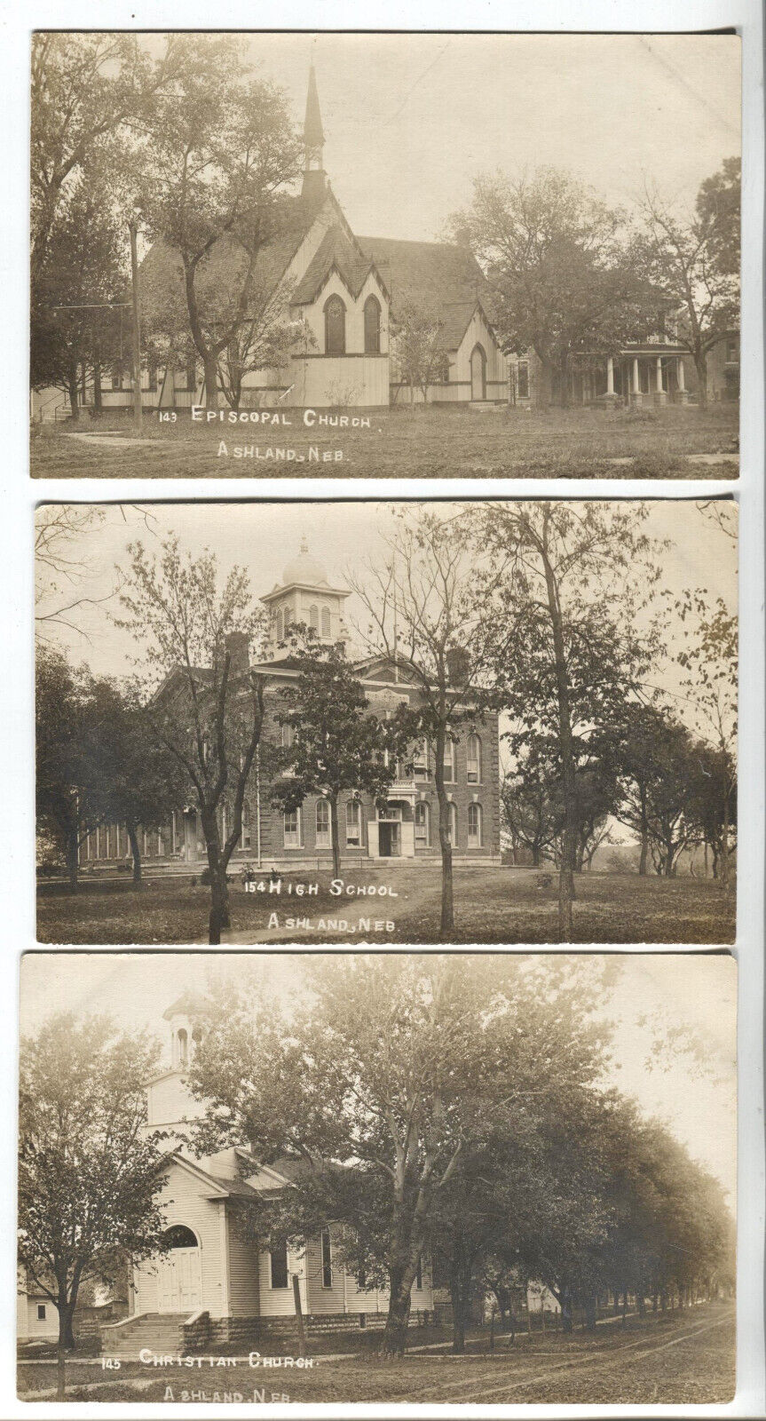Ashland Nebraska School and Church 3 Vintage Postcards Unused