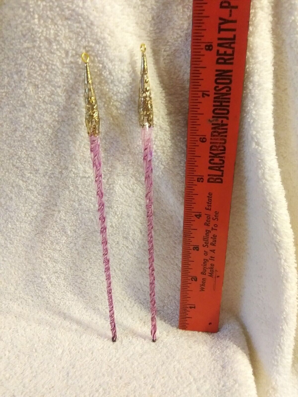  2 Silvestri Twisted Glass Icicle Ornaments Purple & Gold Filigree Tops 8.5