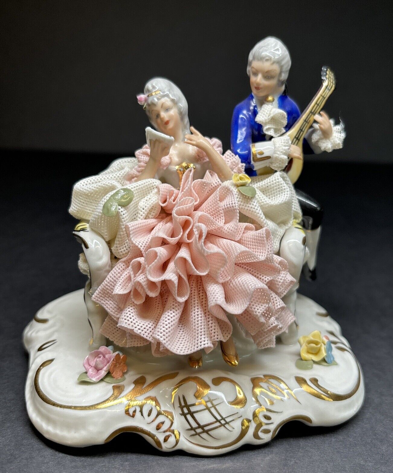 Dresden Germany Porcelain Lace Couple on Sofa Lady & Man CROWN N Excellent