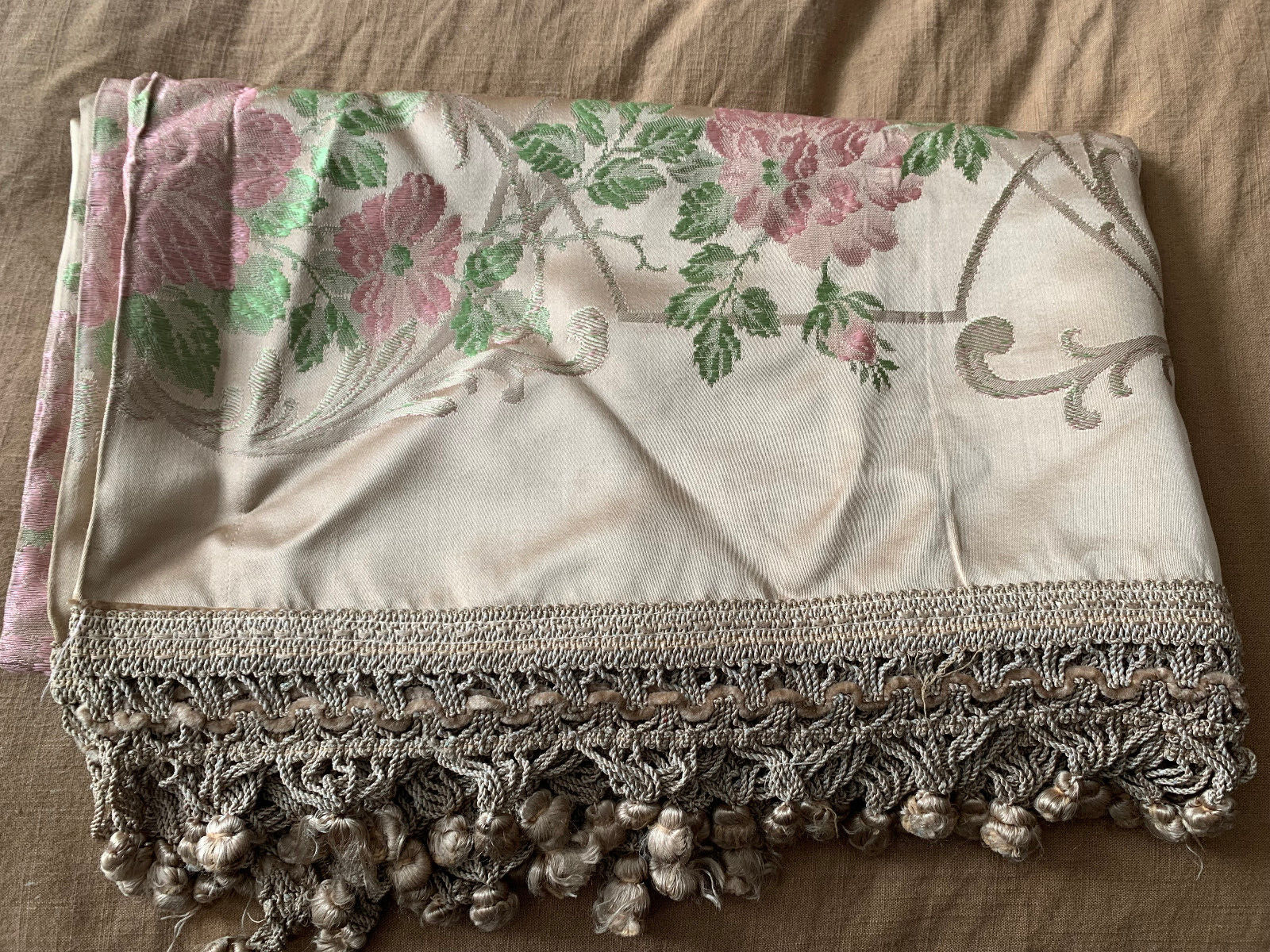 Vintage Antique Silk/Satin Damask Bed Coverlet  Fringe Pink Roses
