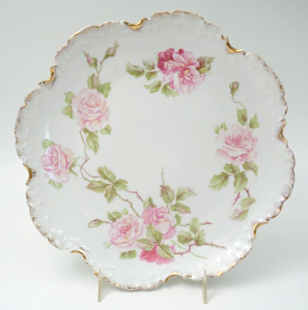 Antique Monbijou R C Crown China Plate Ruffled Gold Edge Hand Painted Roses 8.5\