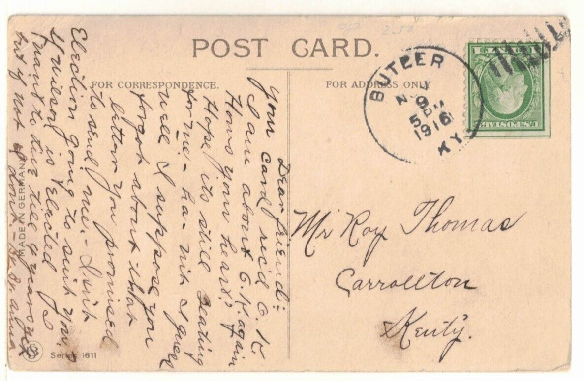 RARE 1916 PC: Butler, Kentucky Postmark – 1910 Population: 426