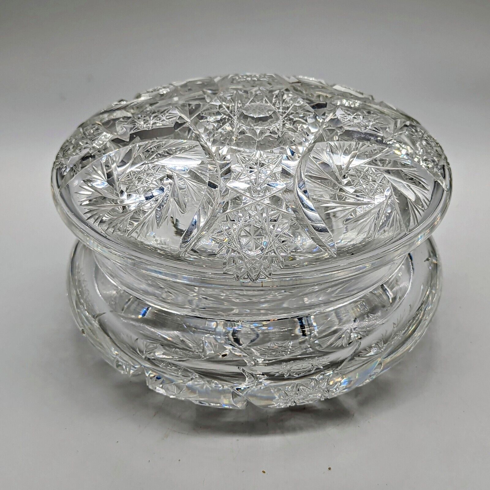 Vtg Large Clear Cut Crystal Round Lid Powder Jar Pinwheels & Starbursts Rainbows