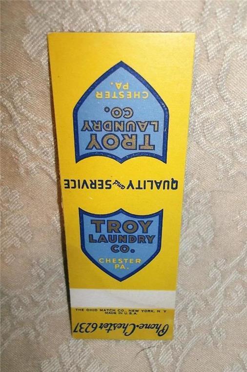 VINTAGE MATCHBOOK FLAT TROY LAUNDRY CO CHESTER PA PENNSYLVANIA Phone Chester6237