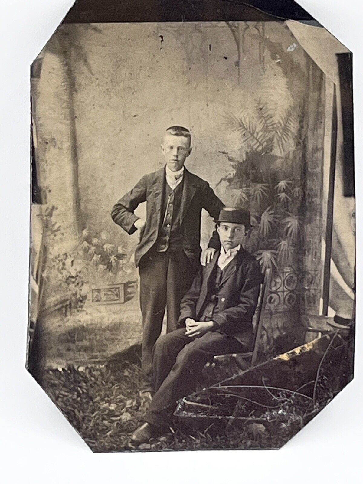 TINTYPE STUDIO PORTRAIT 2 Young Boys BROTHERS, NICE SUITS And Hat