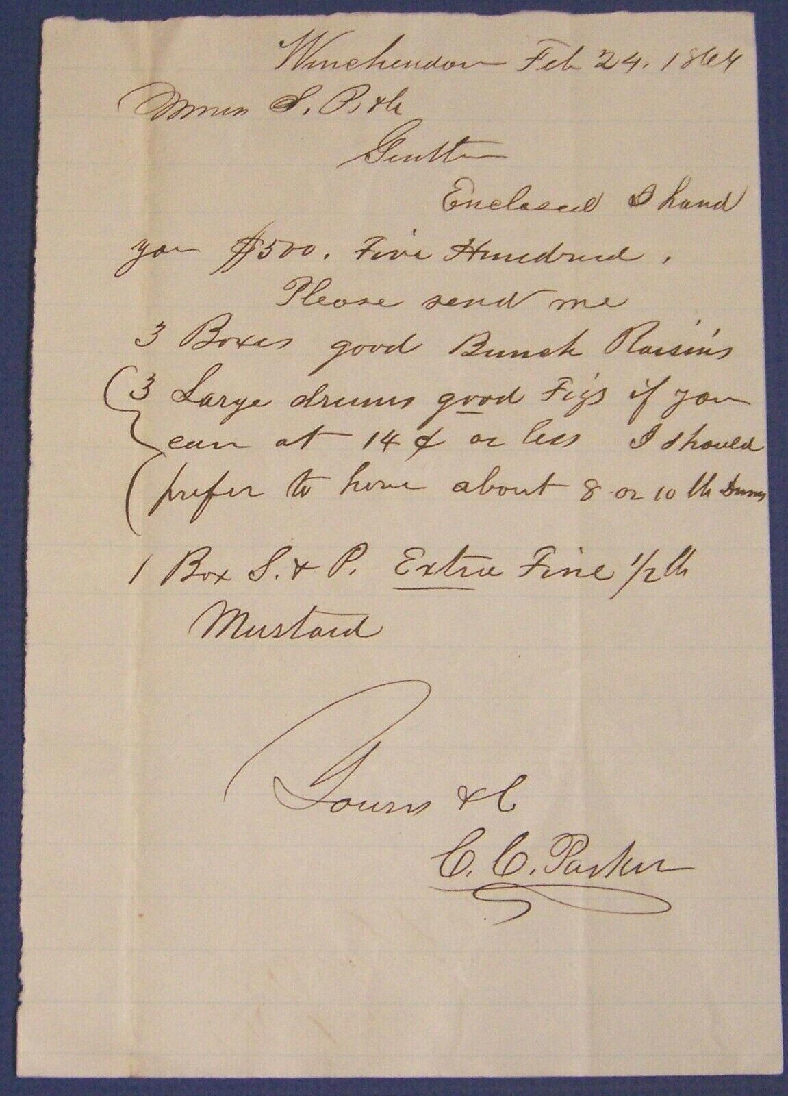 Feb 24,1866, Winchendon, Massachusetts, C.C. Parker general store, $500 order