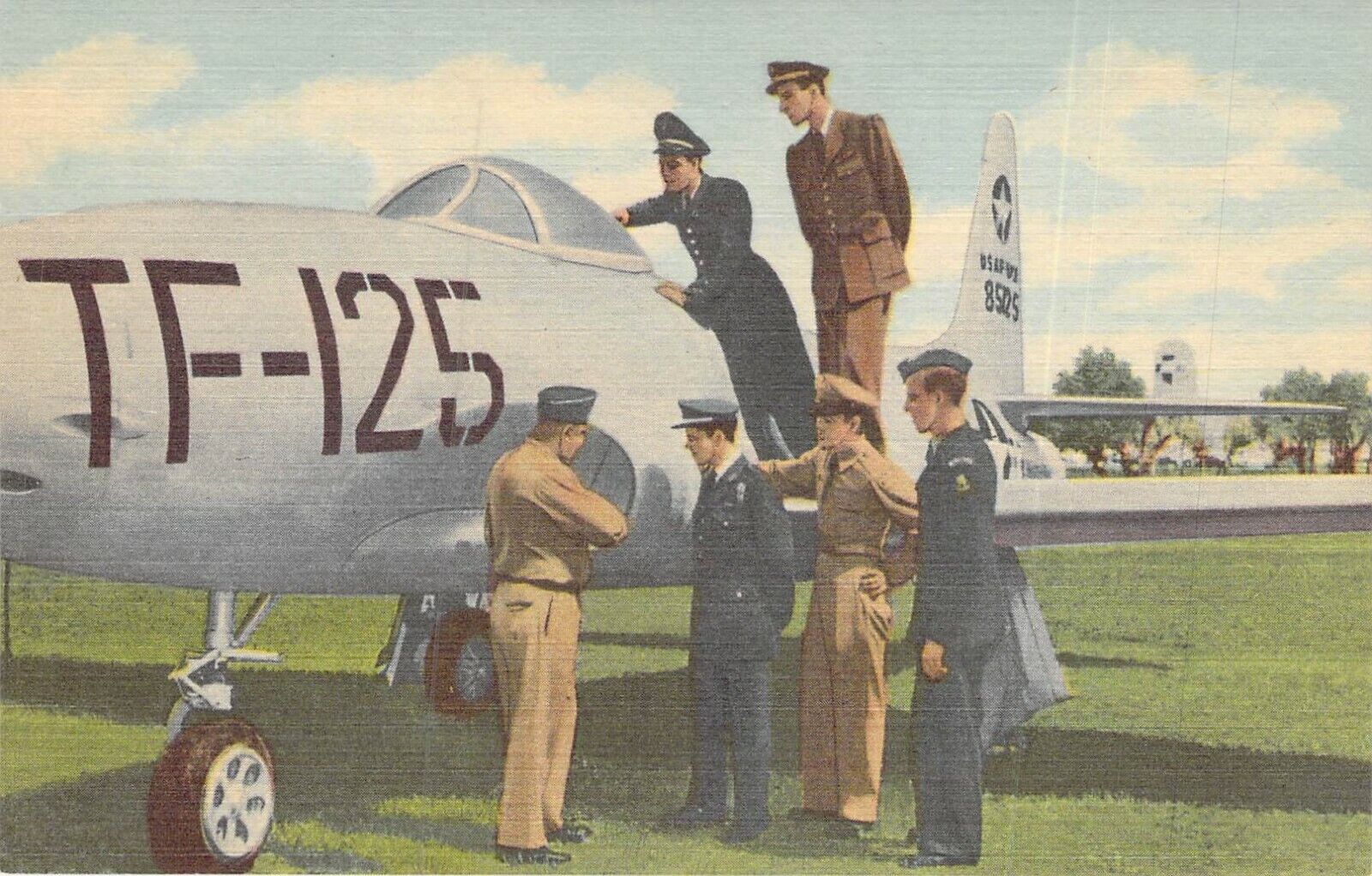 Lackland A.F.B. - U.S.A.F. Preflight School examining an f-80 Jet Fighter