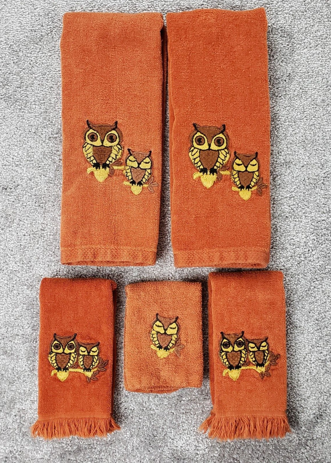 Vintage 70s MCM Martex Owl Towels 2 Hand 2 Fingertip 1 Wash Cloth Orange 5 Piece