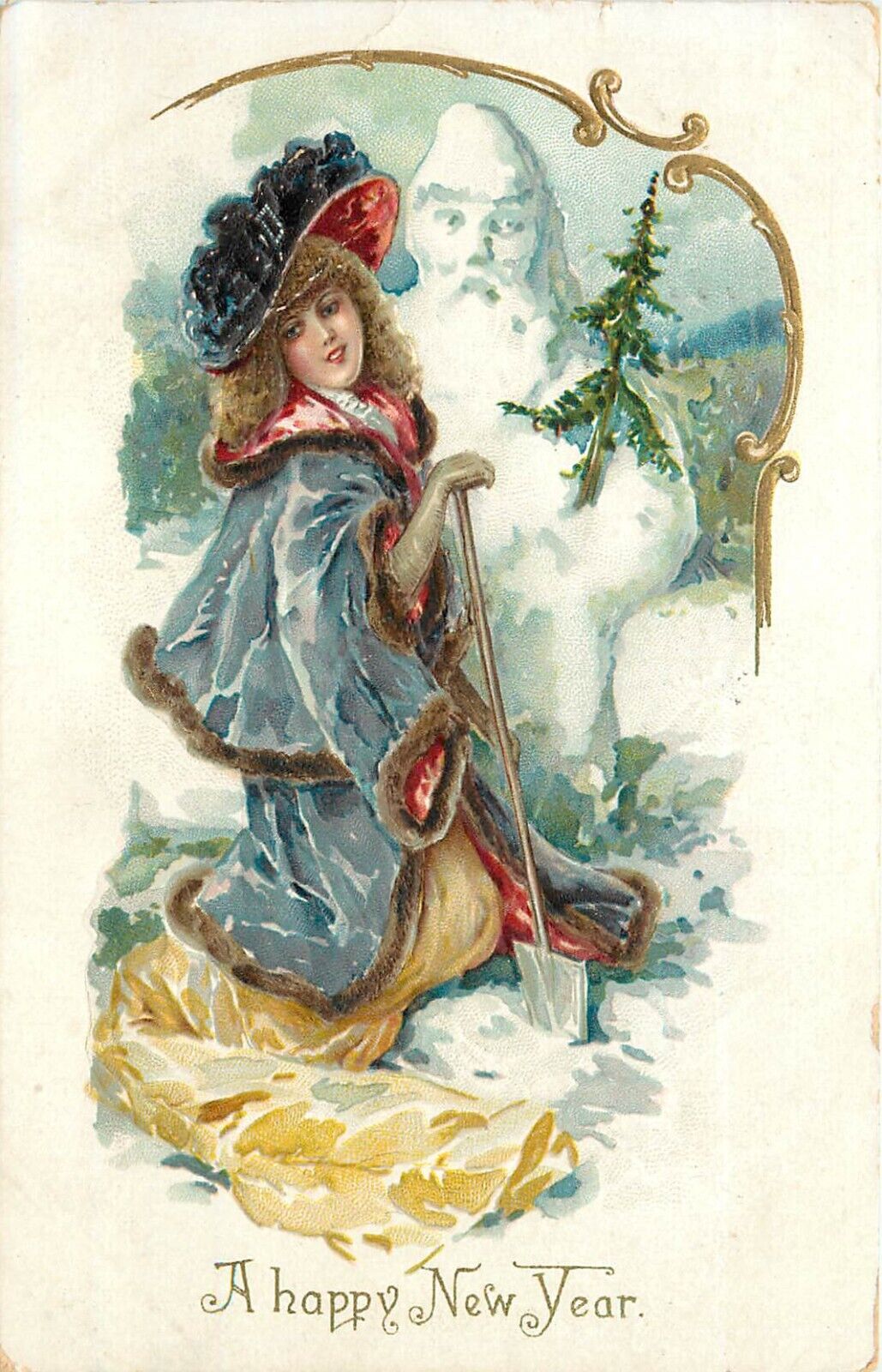 Tuck New Year Postcard 113 Beautiful Lady w/ Shovel & Snowman, Posted 1907