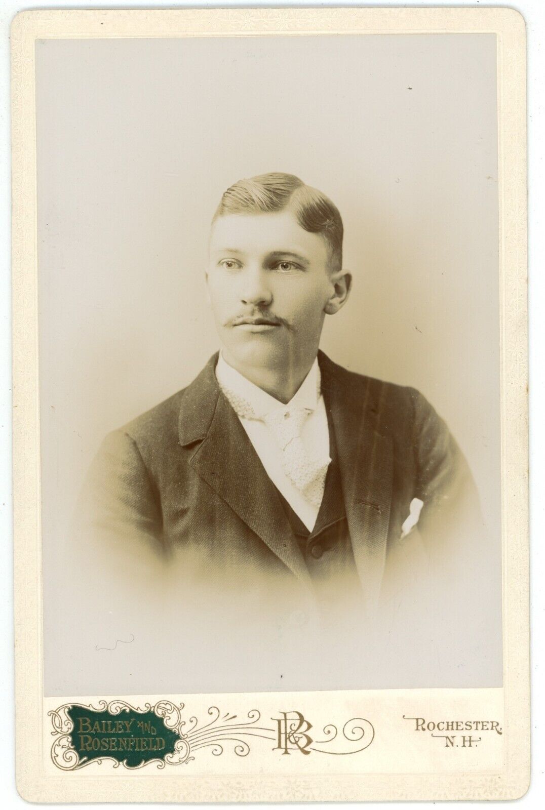Antique Circa 1880s Cabinet Card Handsome Young Man Mustache Rochester, NH