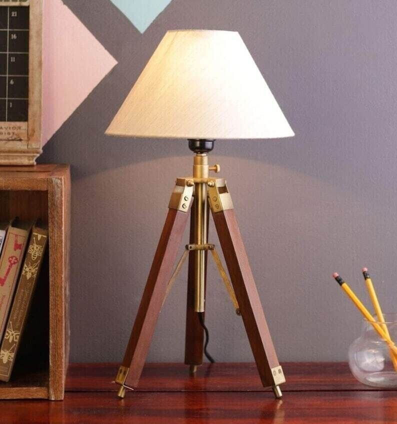 Nautical Brown Wooden Tripod Style Desk Lamp Table Shade Lamp Home/Office Decor