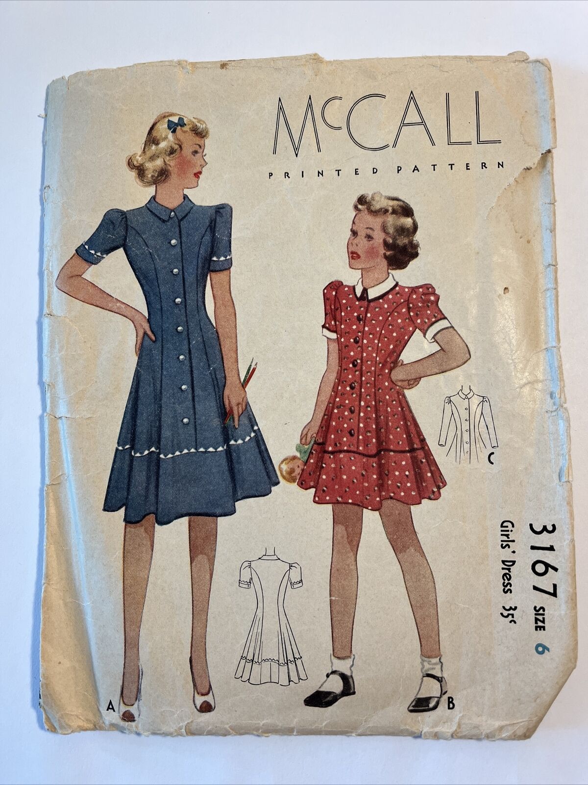 McCalls 3167 Girls Dress Button Front Princess Seam Trim Options WWII Era Size 6