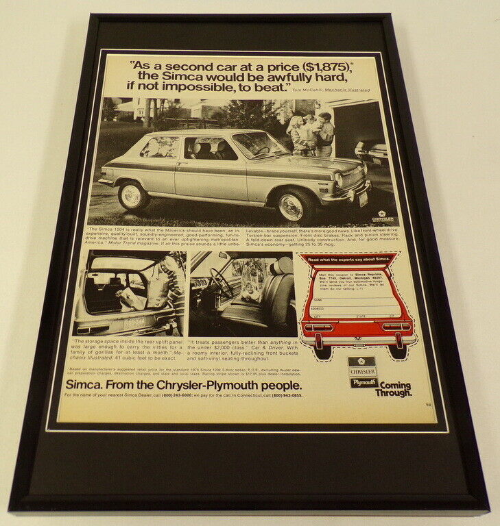 1970  Chrysler Simca Framed 11x17 ORIGINAL Vintage Advertising Poster