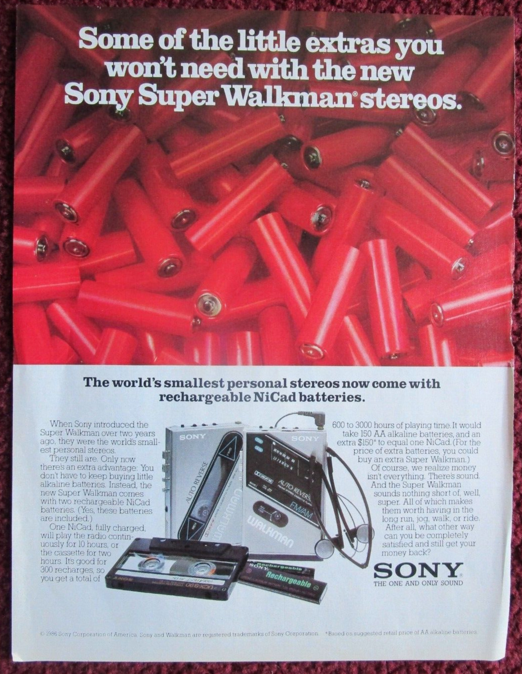 1986 SONY WALKMAN Portable Personal Stereo Print Ad ~ Recharge NICad Batteries