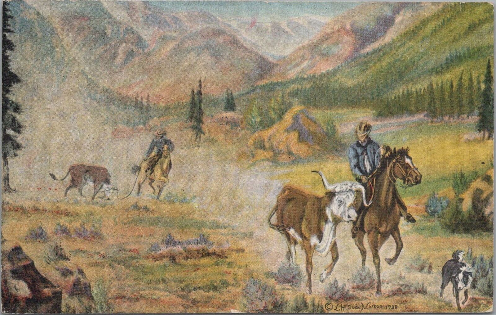 Postcard Western Horseback Scene Lead\'n \'Em Out Painting LH Dude Larsen 