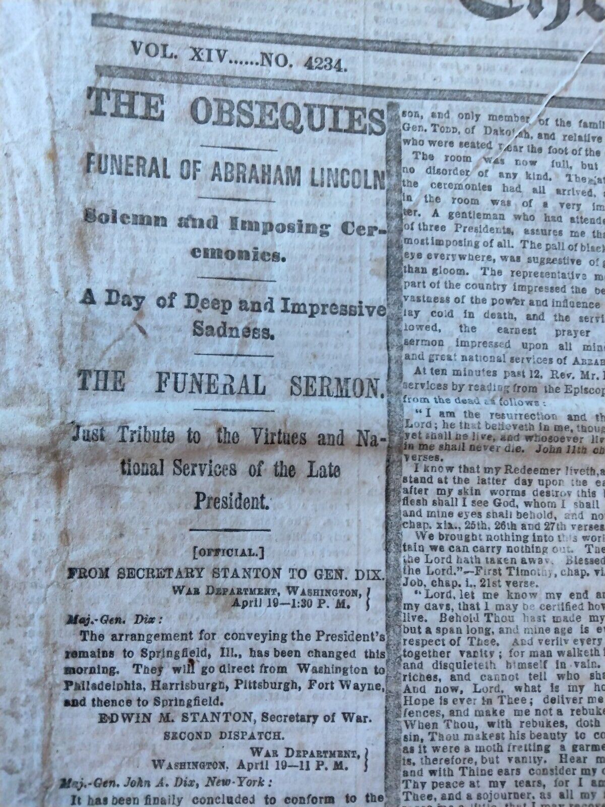Civil War Newspapers- OBSEQUIES: THE FUNERAL OF ABRAHAM LINCOLN, DAY OF SADNESS 