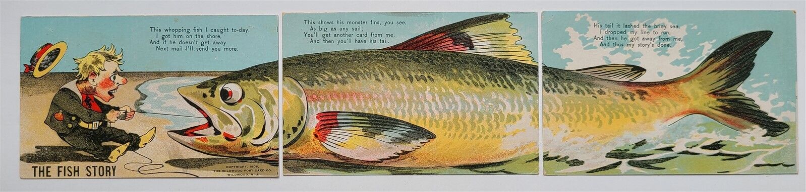 INSTALLMENT POSTCARD PUZZLE SET of 3 ANTIQUE CARDS FISH STORY fishing
