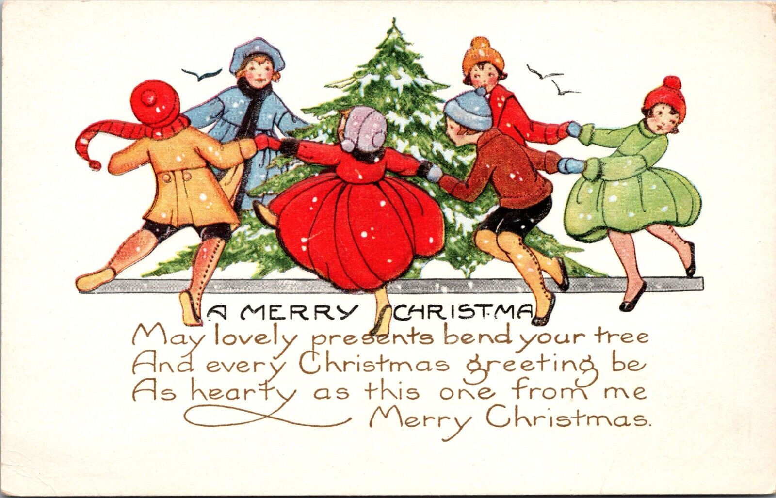 Whitney Christmas Postcard Vintage Cute Children Dance Around Snowy Tree Poem