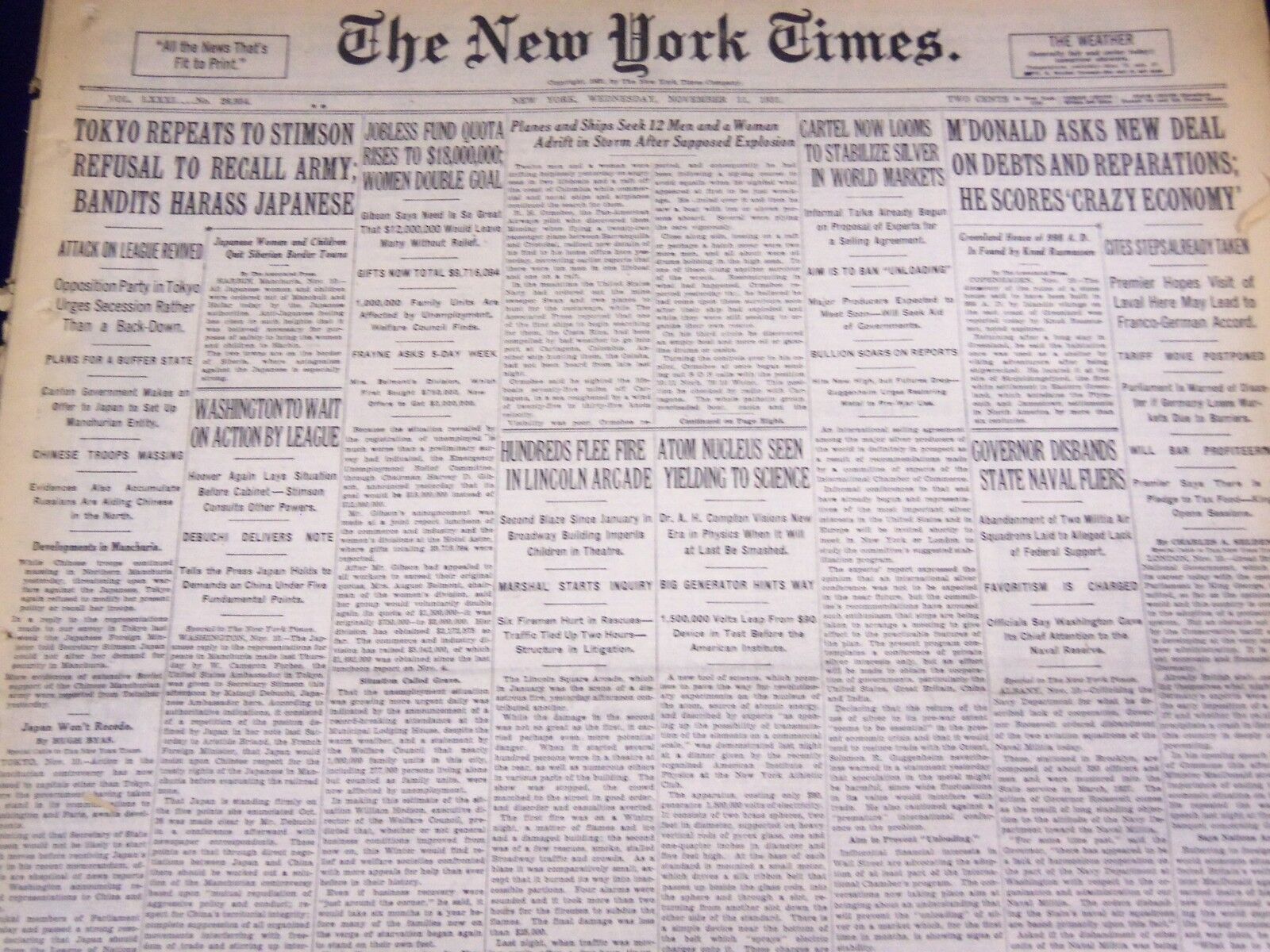 1931 NOV 11 NEW YORK TIMES ATOM NUCLEUS SEEN YIELDING TO SCIENCE - NT 2441