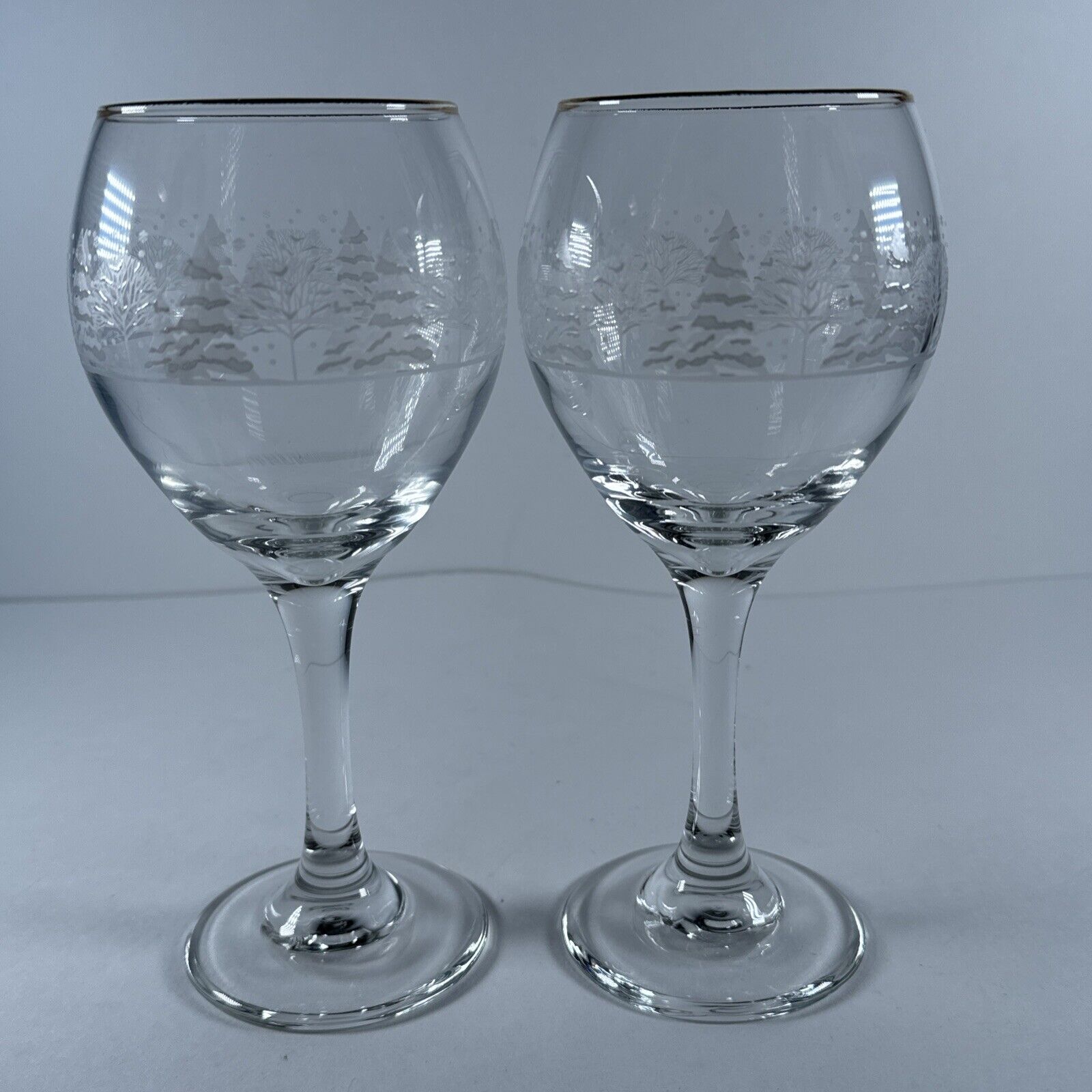 ARBY\'S LIBBY Christmas White Etched Wine Water Stem Glasses Trees Set Of 2