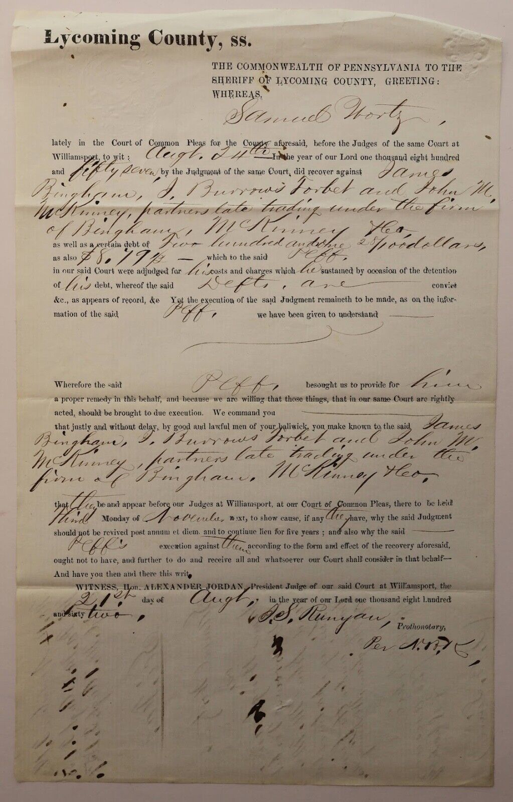 Antique Debtors Warrant, Lycoming County Sheriff, Pennsylvania  August 24, 1857