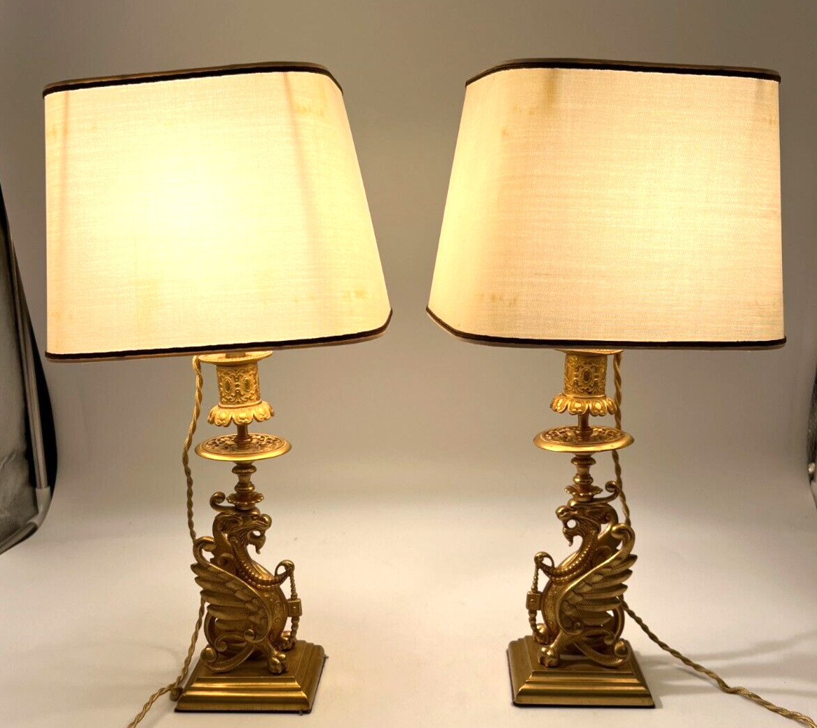 French Pair of Napoleon III Bronze Dore Gargoyles Lamps  19th Century