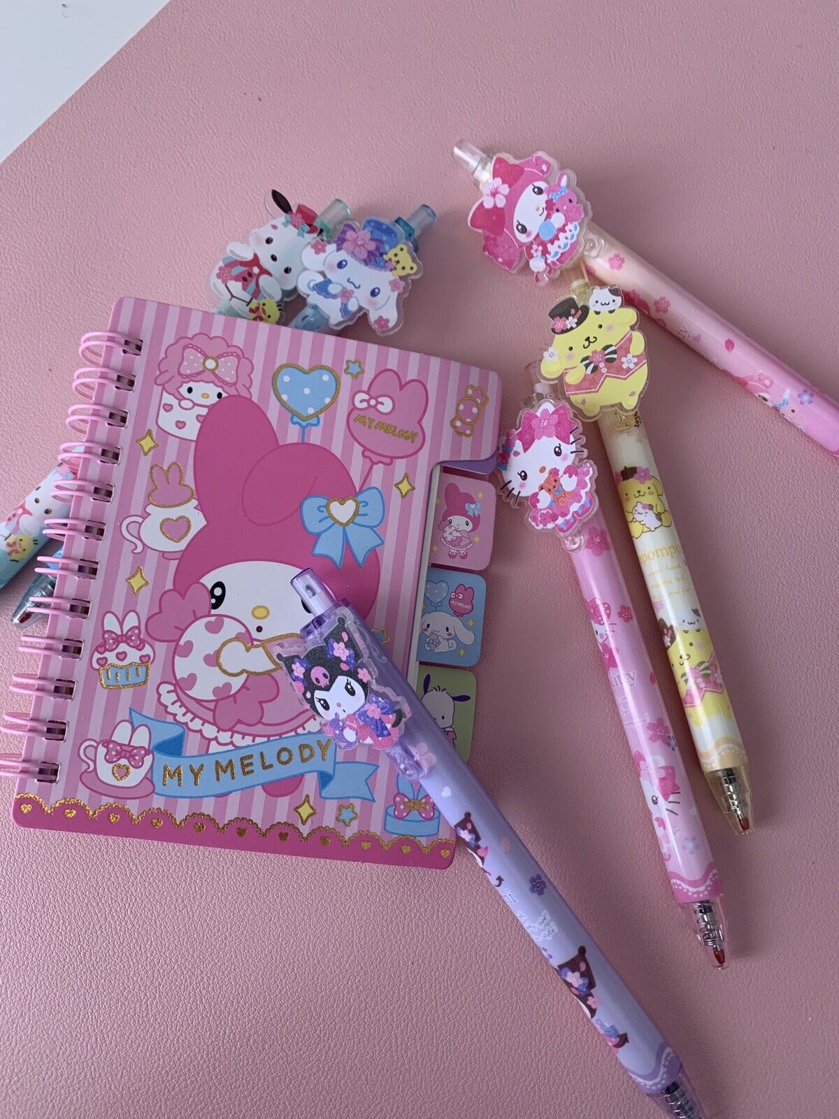 New Sanrio Cute Stationery Set, Pack With 6 Pens + Mini My Melody Notebook 