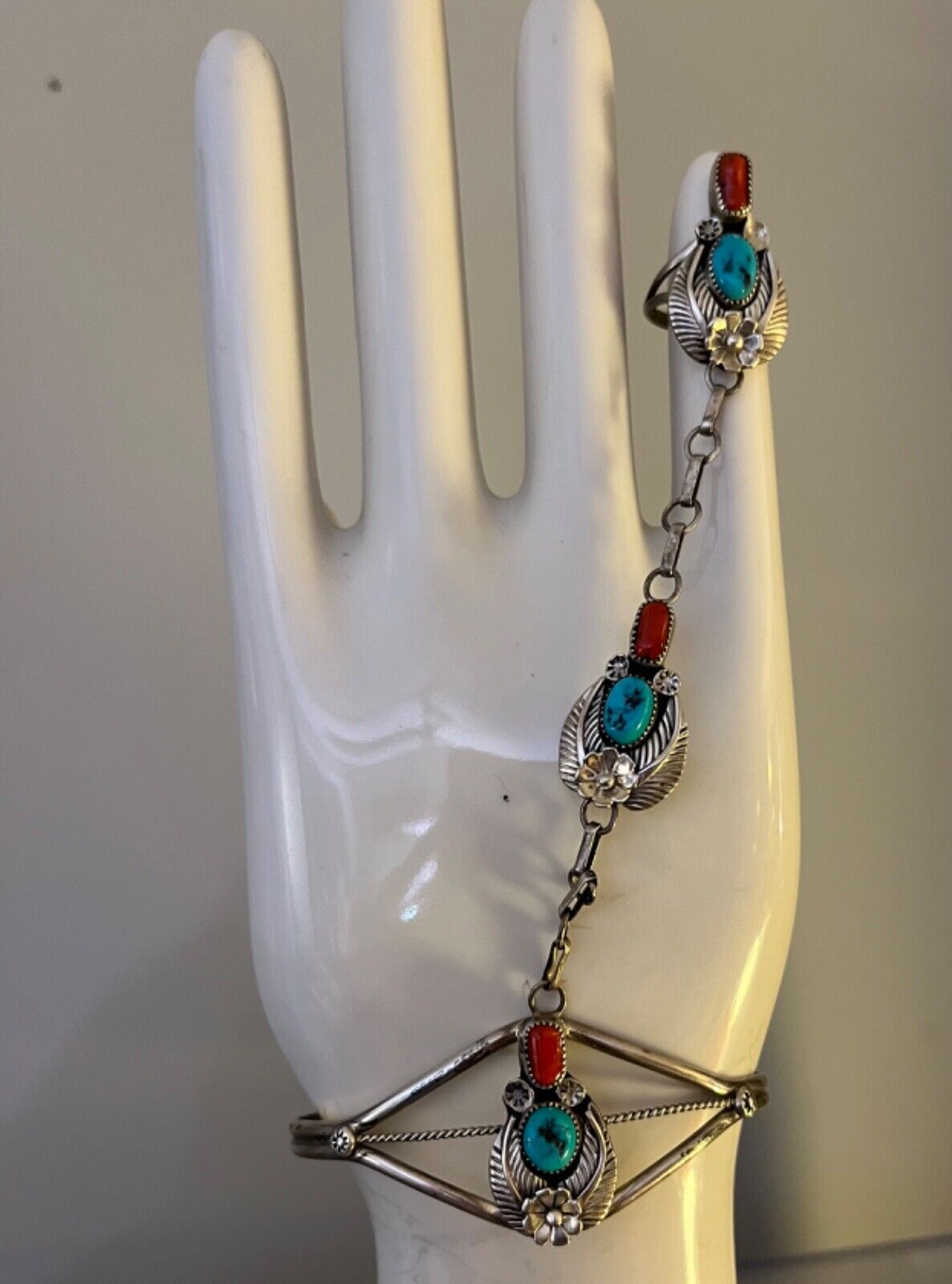 NAVAJO SAM TOM STERLING TURQUOISE CORAL 3pc SLAVE BRACELET BYPASS RING SIGNED T