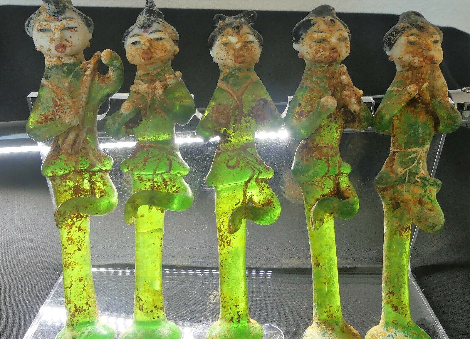 X-RARE Set of 5 Chinese Buddhist Translucent Green Glass Musicians