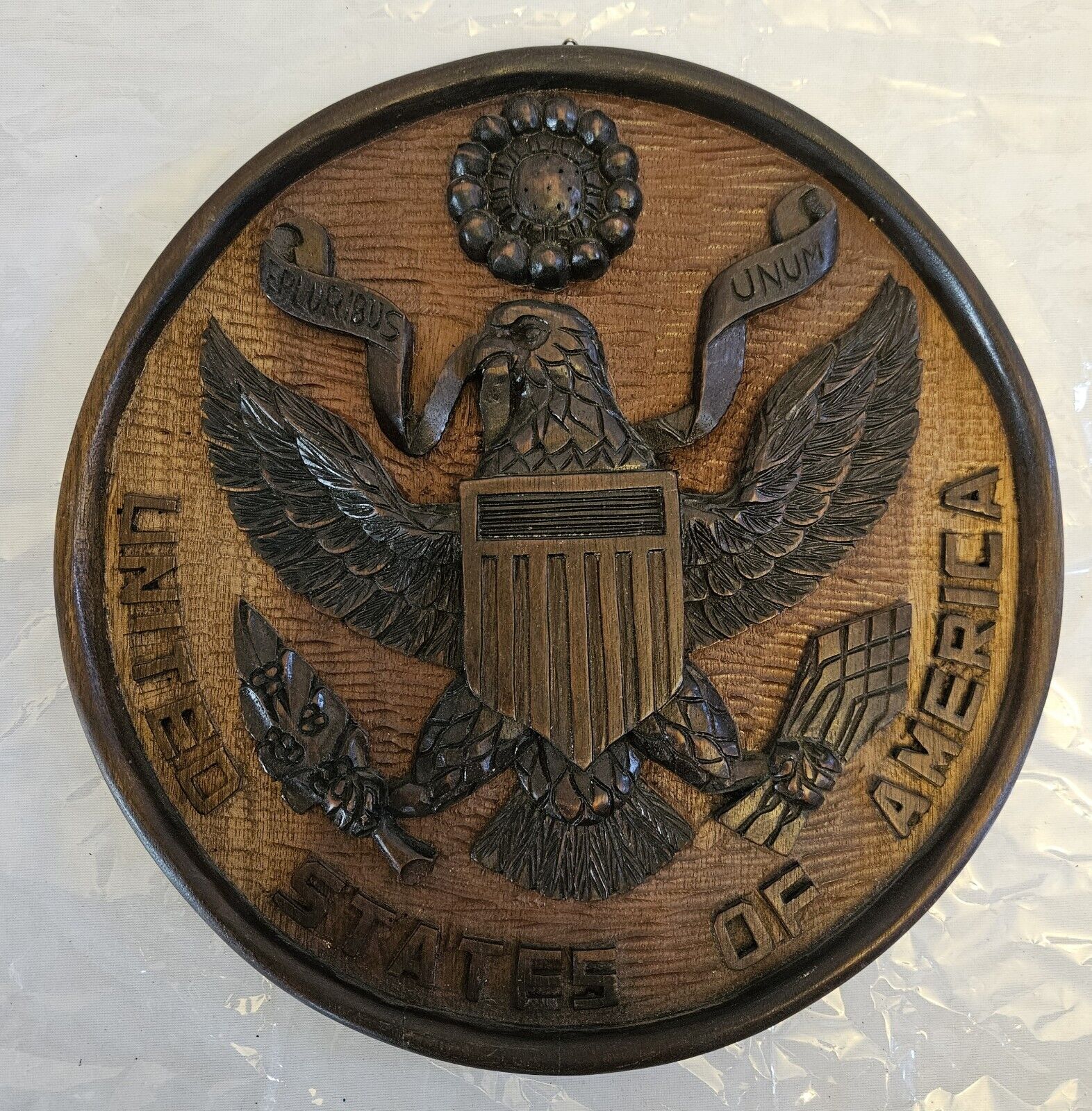 Vintage Walnut Hand Carved Seal Of USA Eagle Plaque