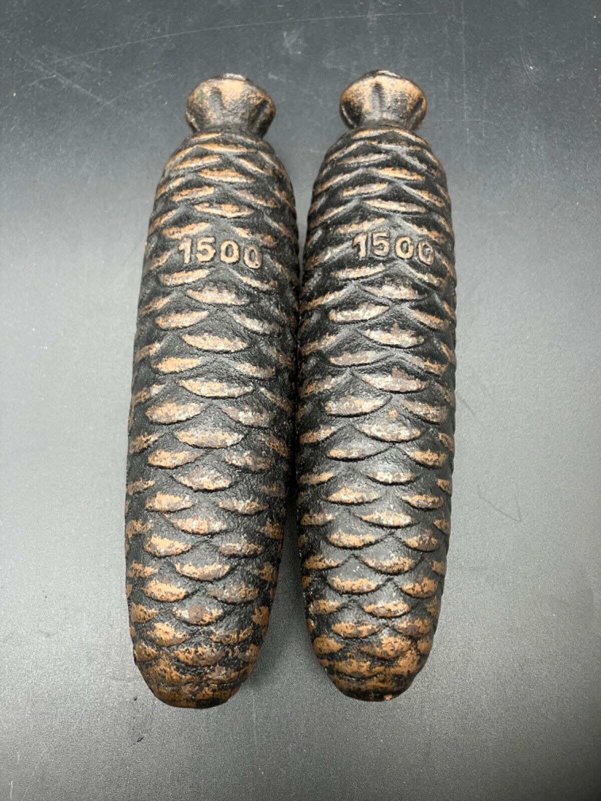 Pair of Vintage Cast Iron 1500 Gram Pine Cone Cuckoo Clock Weights German