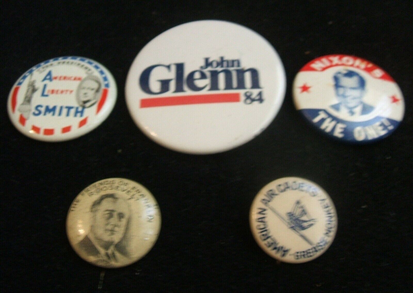 Vintage Lot of 5 Pinbacks Franklin Roosevelt Richard Nixon John Glenn 2 More