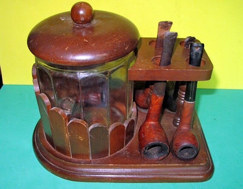 Vintage Estate Pipe Lot w/ 5 Pipes, Wooden Stand, & Glass Humidor w/ Lid - Nice