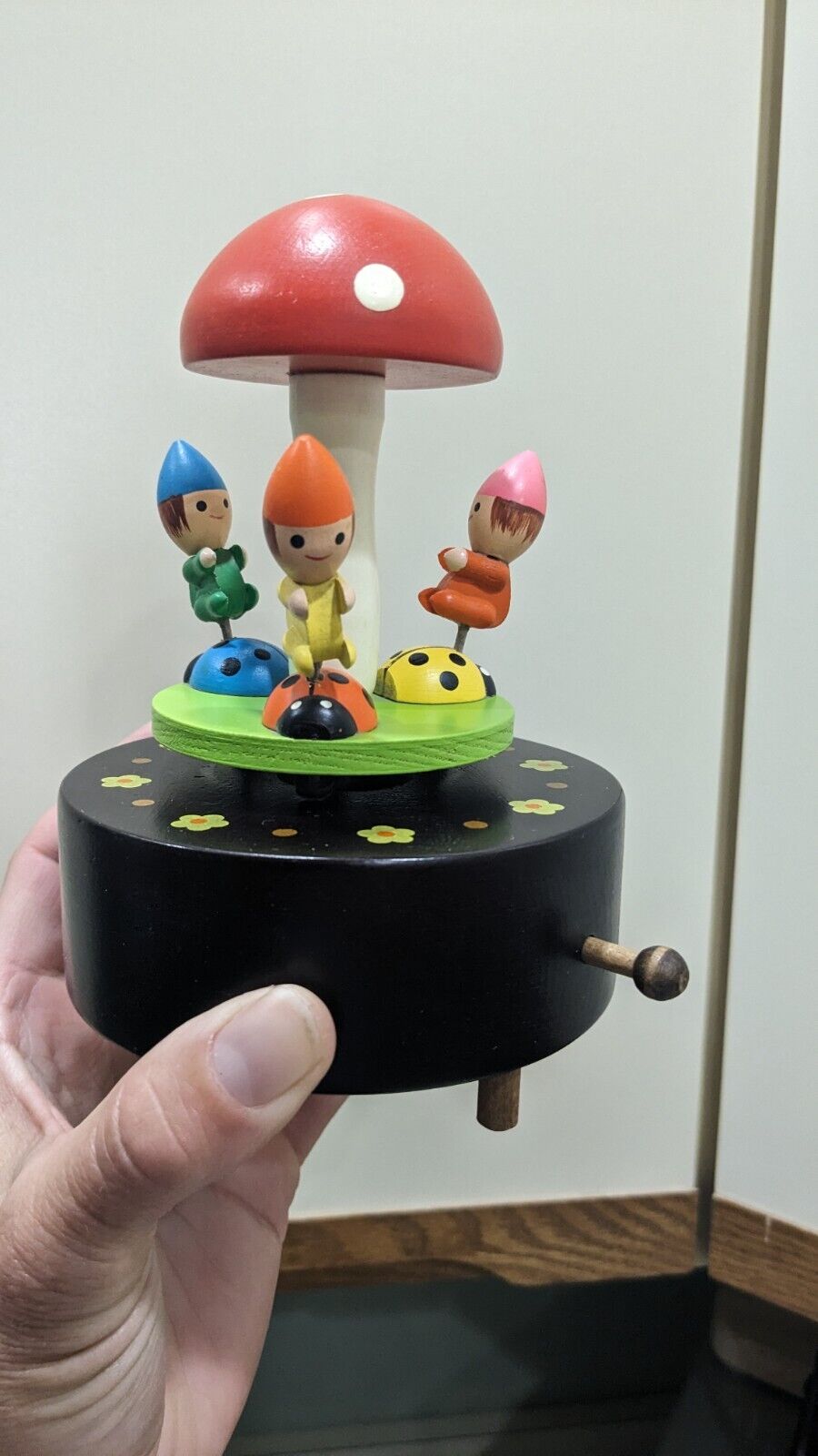Super Cute Vintage Wooden Mushroom Music Box with Elves Riding Ladybugs Japan