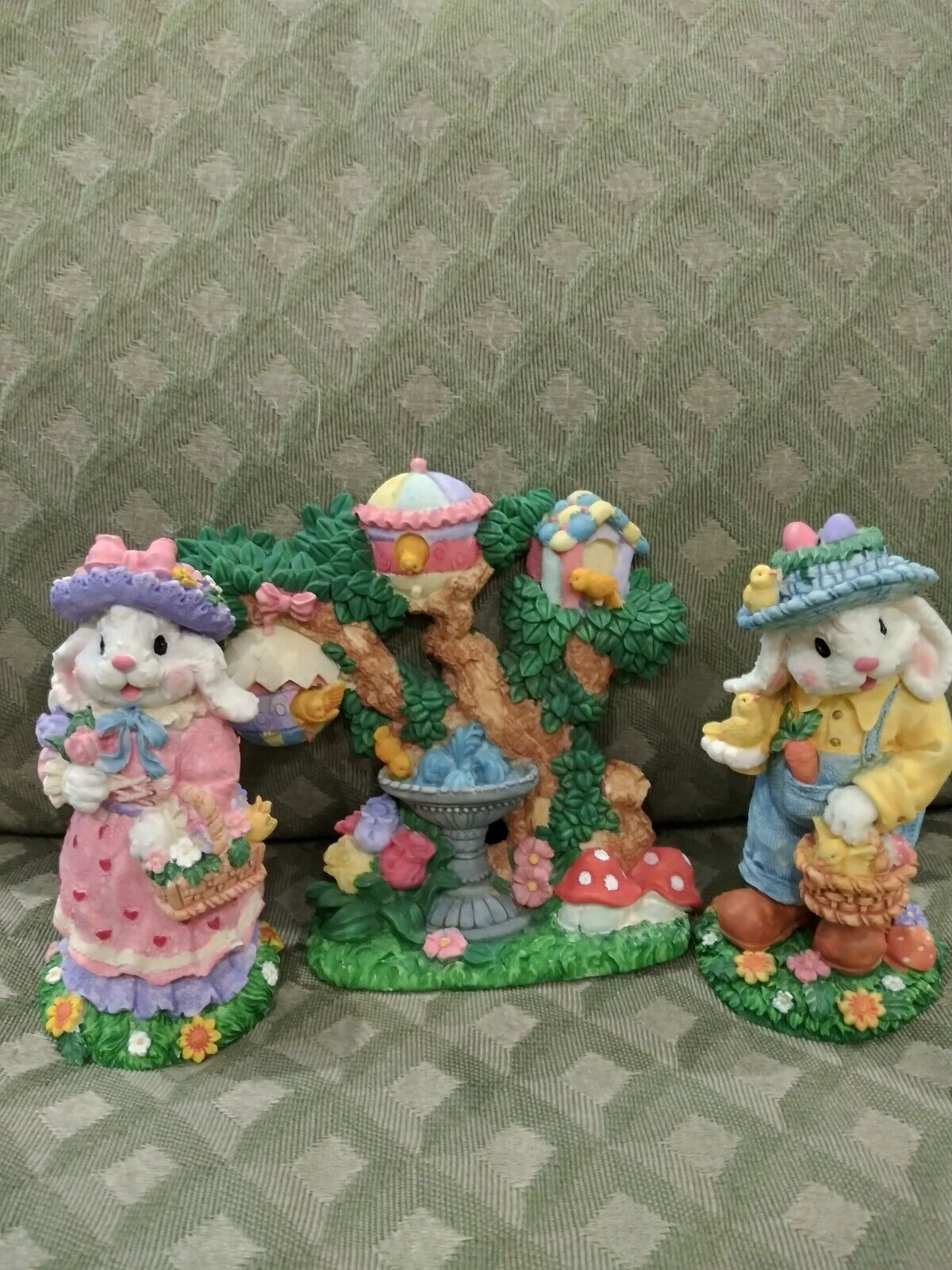 Vintage Easter Jubilee Colorful Resin Easter Bunny Family W/ Easter Tree w/Box